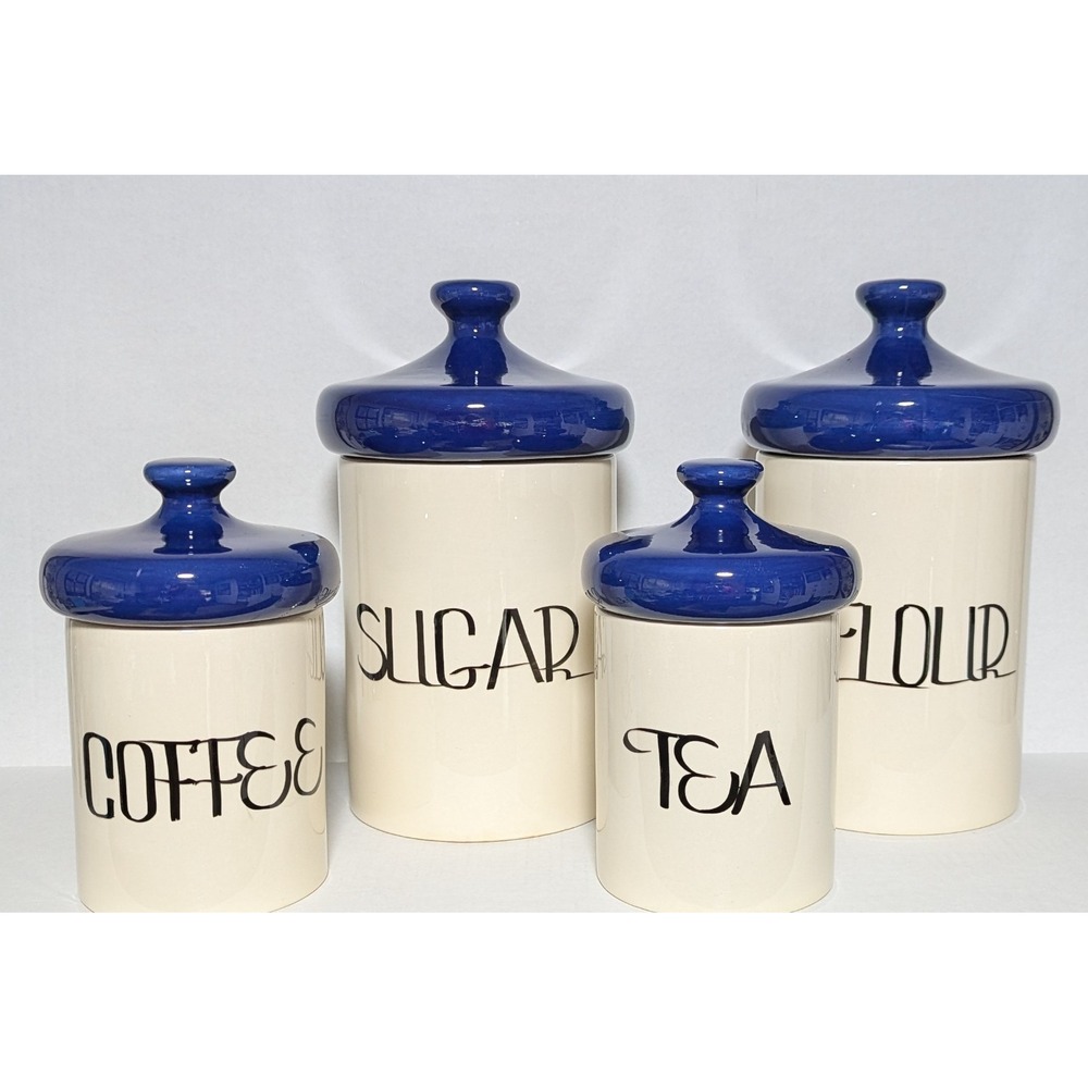Vintage 1960s Holiday Designs USA Ceramic Canister Set Blue MCM 8 Pc Set